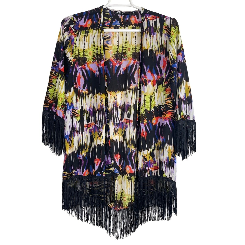 00742 Russell Kemp New York Women's Size‎ L Abstract Print Fringe Kimono Duster